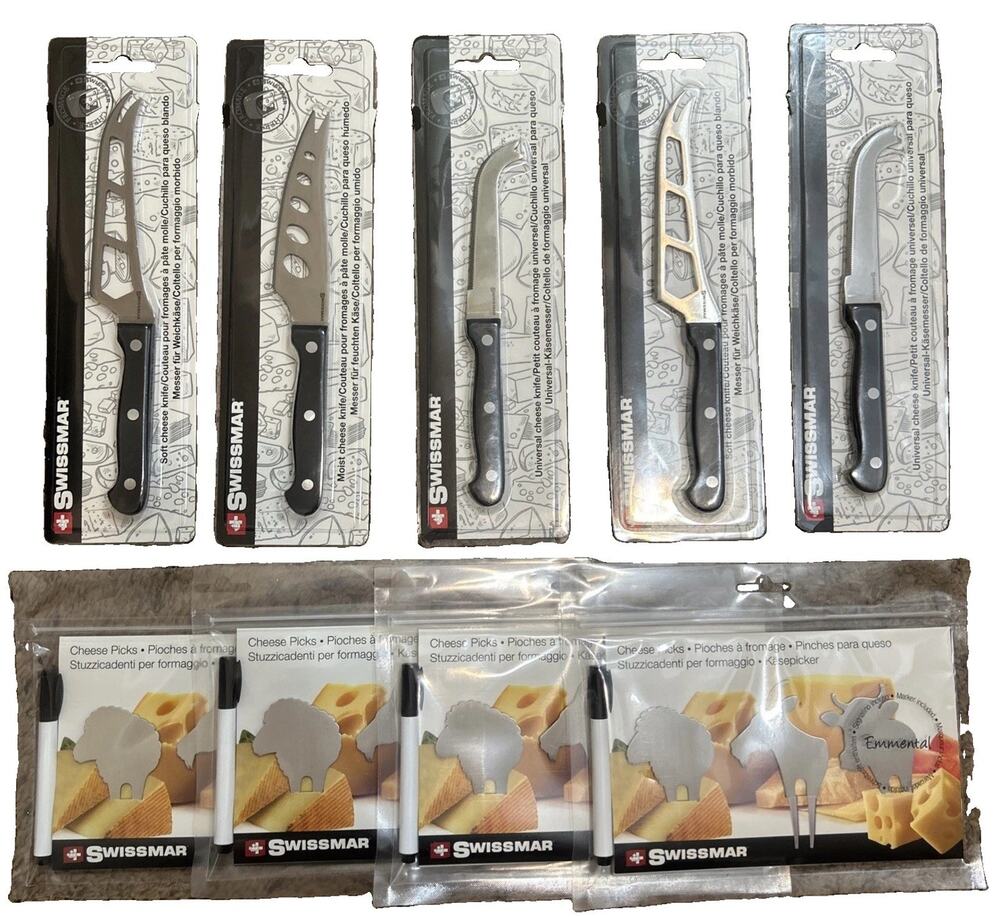 Swissmar 9 Piece Cheese Knife & Picks Set All New & Sealed W/ Black Handles!